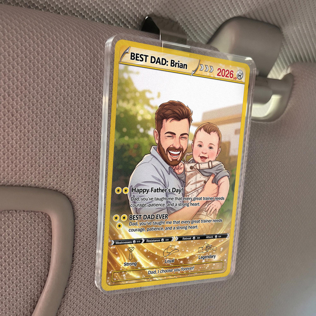 Custom Poke Card Father's Day Car Visor For Dad, Personalized Trading Card Style Car Visor Picture Holder, Dad And Kid Portrait Car Visor Clip
