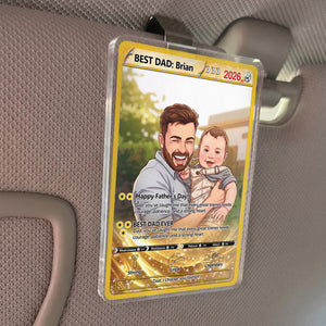 Custom Poke Card Father's Day Car Visor For Dad, Personalized Trading Card Style Car Visor Picture Holder, Dad And Kid Portrait Car Visor Clip
