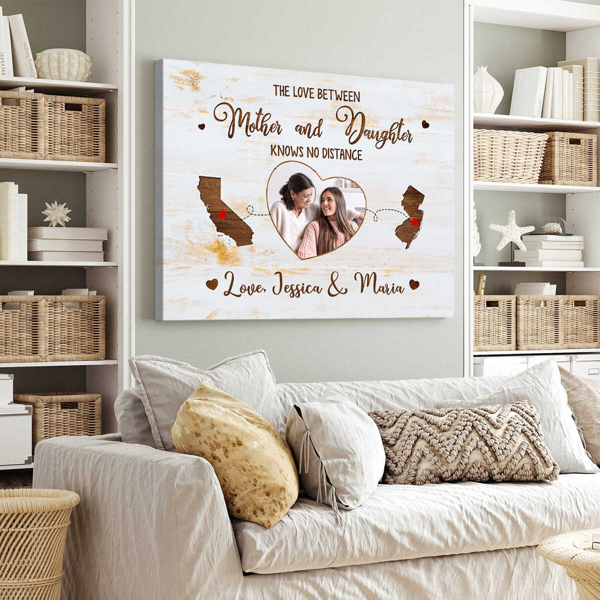 Love Between Mother & Daughter Knows no Distance Wooden Pattern - Personalized Cancas - Gift For Mother, Daughter, Long Distance Gift