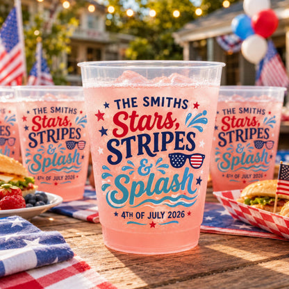 Personalized Pool Party Plastic Cups, Custom Stars Stripes and Splash Cups, 4th of July Family Pool Party Cups