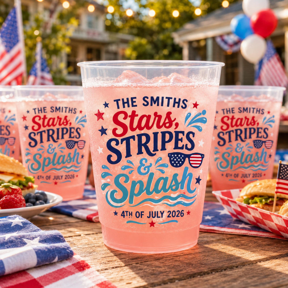 Personalized Pool Party Plastic Cups, Custom Stars Stripes and Splash Cups, 4th of July Family Pool Party Cups