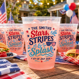 Personalized Pool Party Plastic Cups, Custom Stars Stripes and Splash Cups, 4th of July Family Pool Party Cups