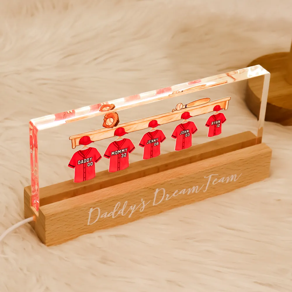 Daddy's Baseball Dream Team - Personalized 3D LED Light Wooden Base - Gift For Dad, Father's Day Gift Idea