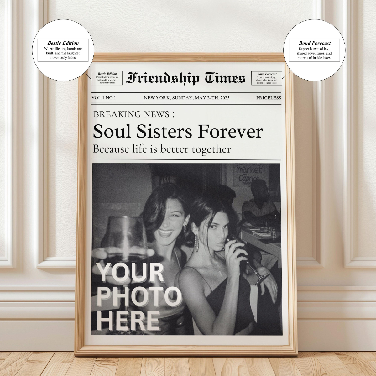 Custom Newspaper Print, Personalized Best Friends Wall Art, Retro Bestie Birthday Gift, Friendship Gift, Roommate Decor, Girl Dorm Decor