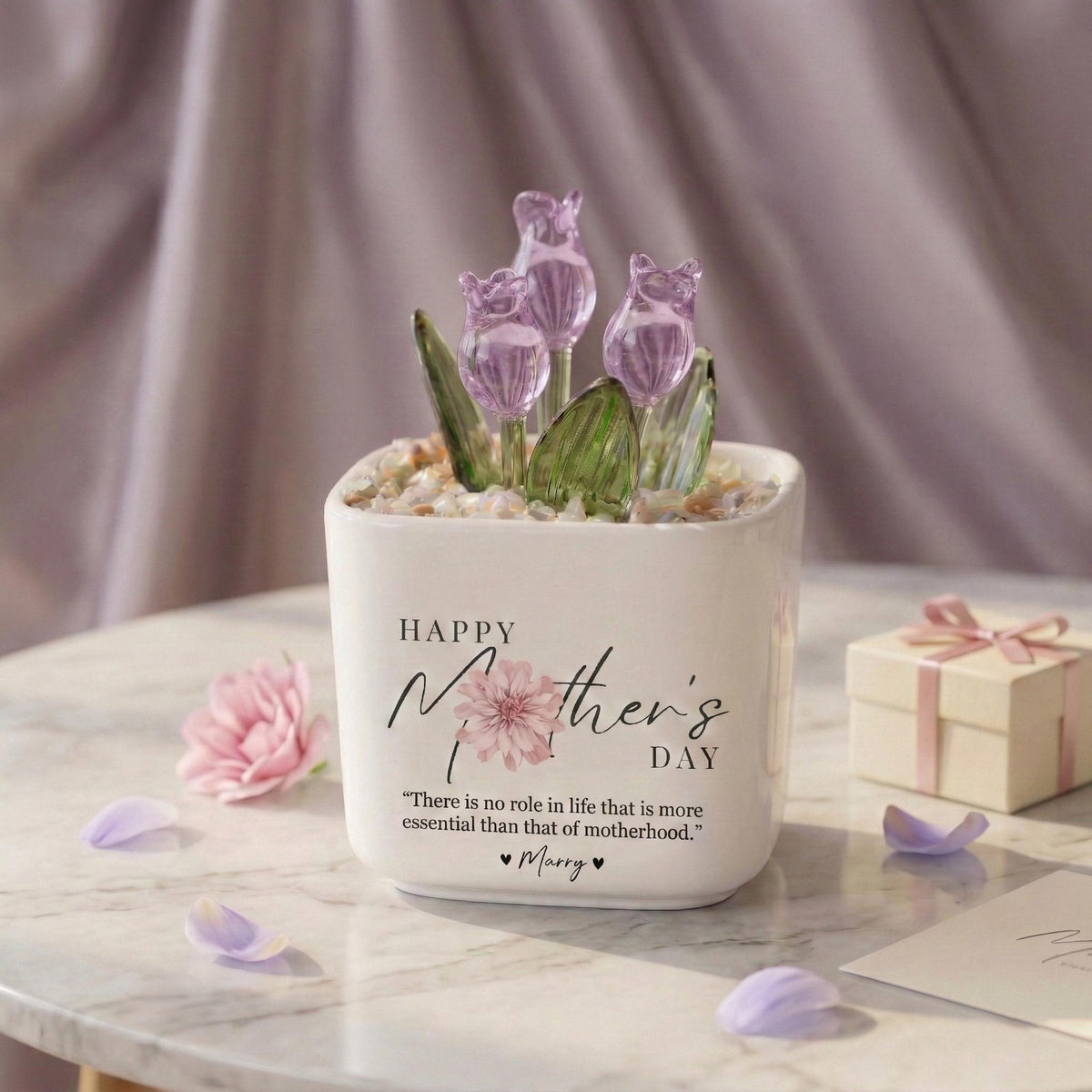 Personalized Tulip Glass Flower Pot, Mother's Day Gift for Mom, Happy Mothers Day Planter, Custom Name Flower Pot, Decorative Glass Tulip
