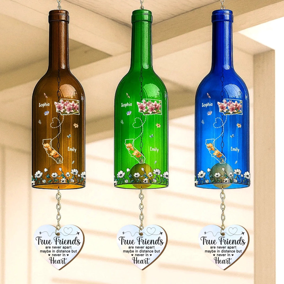 Long Distance Friends - Personalized Wine Bottle Wind Chime - Gift For Sisters, Besties, Friends