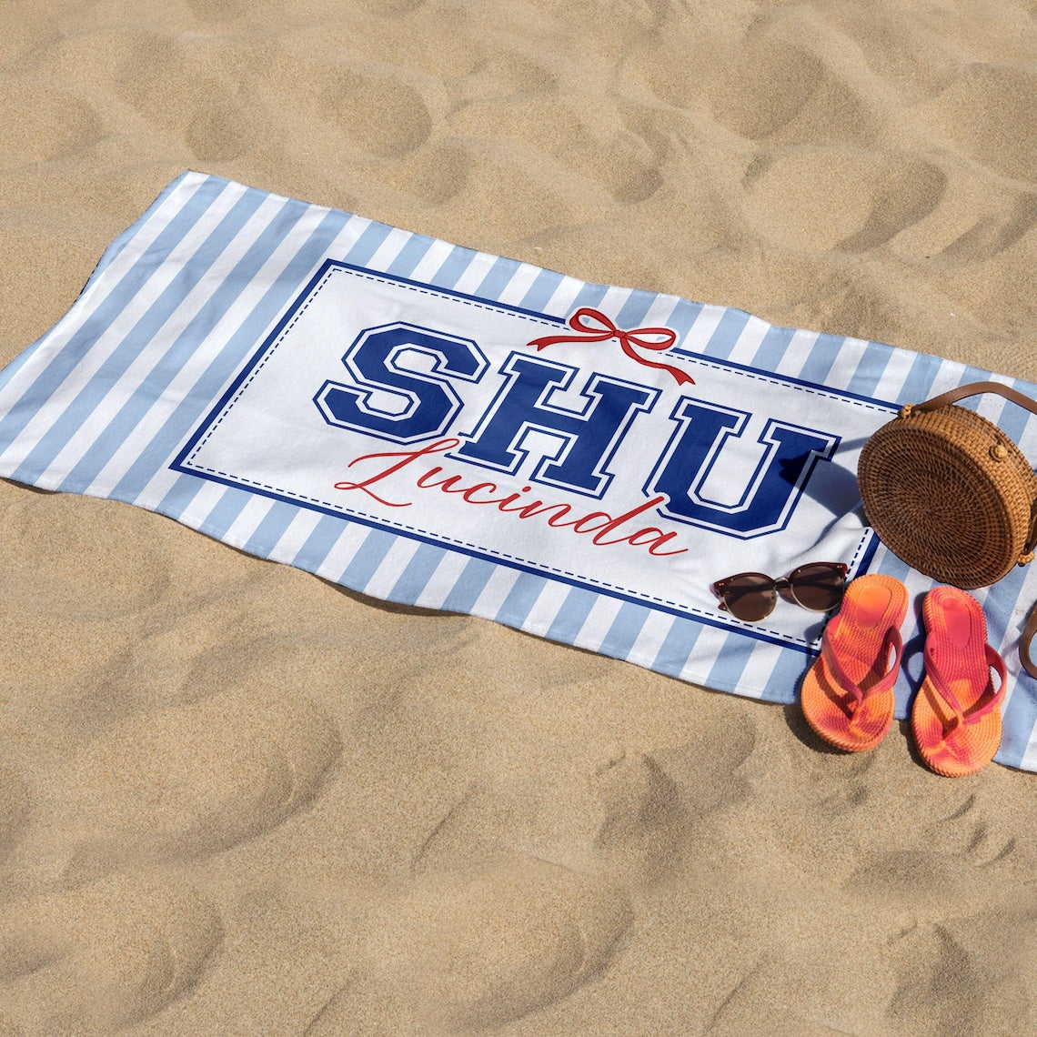 Personalized Coquette School Striped Beach Towel: College University Pride Spirit Gift, High School Graduation Gift, Class Of 2026 Gift