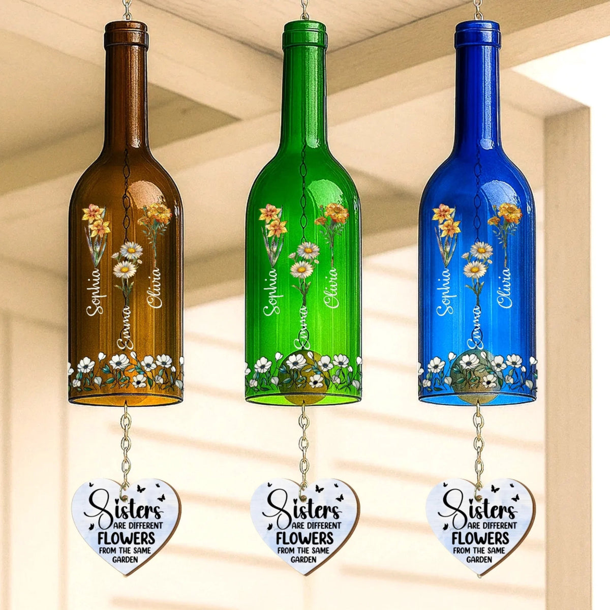 Sisters Birth Month Flowers Bloom Together In Love - Personalized Wine Bottle Wind Chime - Gift For Sisters, Besties, Birthday Gift