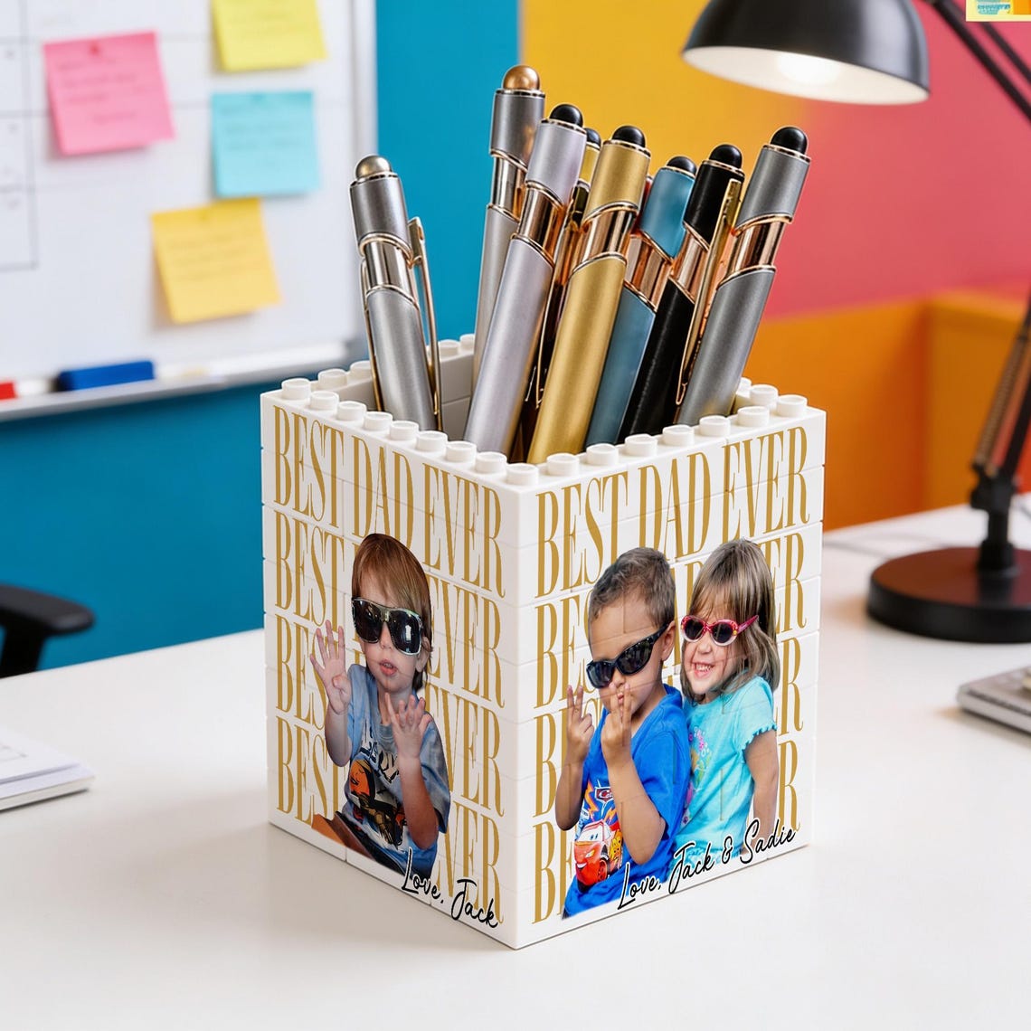 Personalized Photo Dad Building Block Pen Holder, Brick Photo Pencil Pot, Fathers Day Gift, Gift for Dad, Fathers Day Gift from Kids
