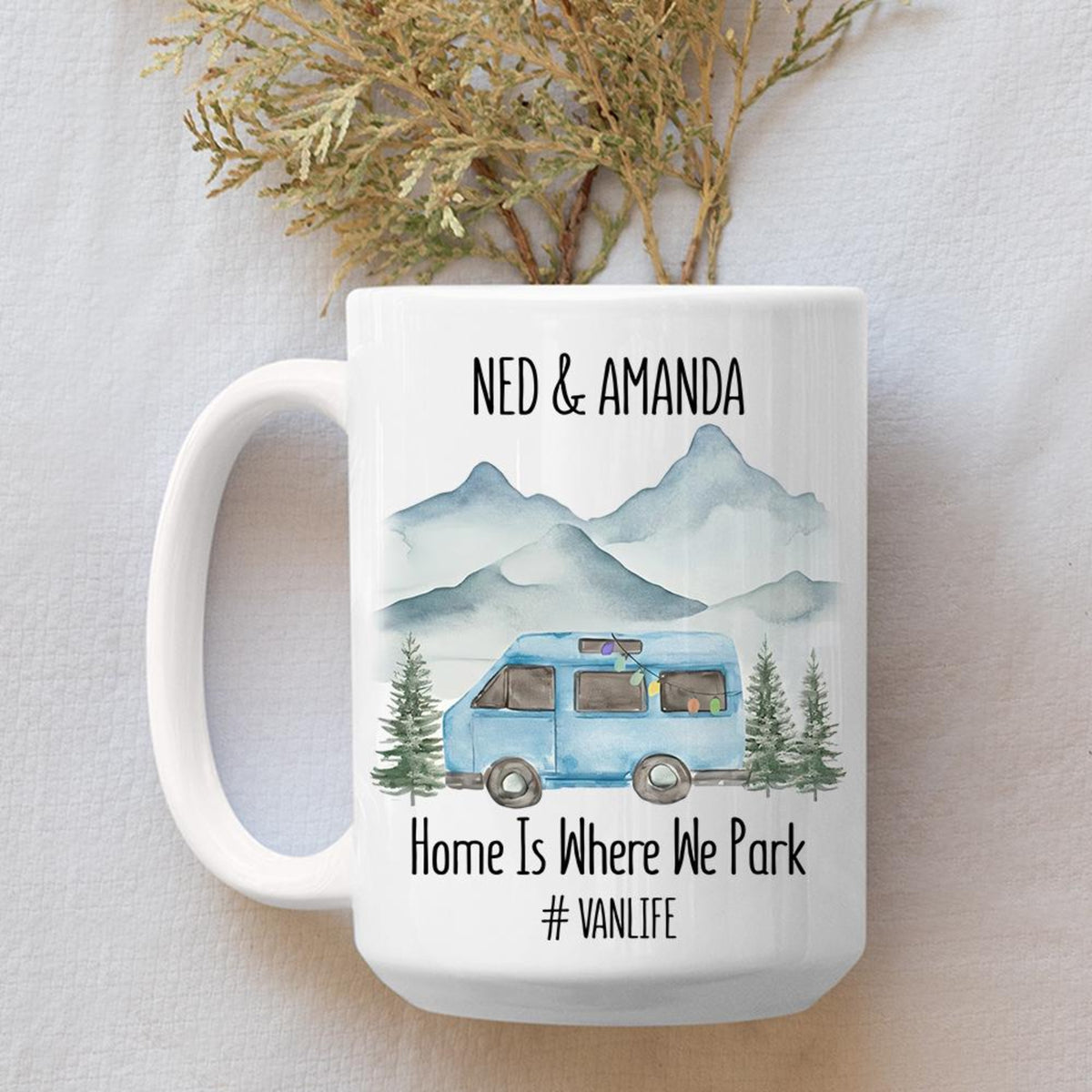 Personalized Happy Camper Mugs, Couple Camping Mugs, Van Life Mugs, Custom Names Couple Mugs, His And Hers, Home Is Where We Park Retro Van