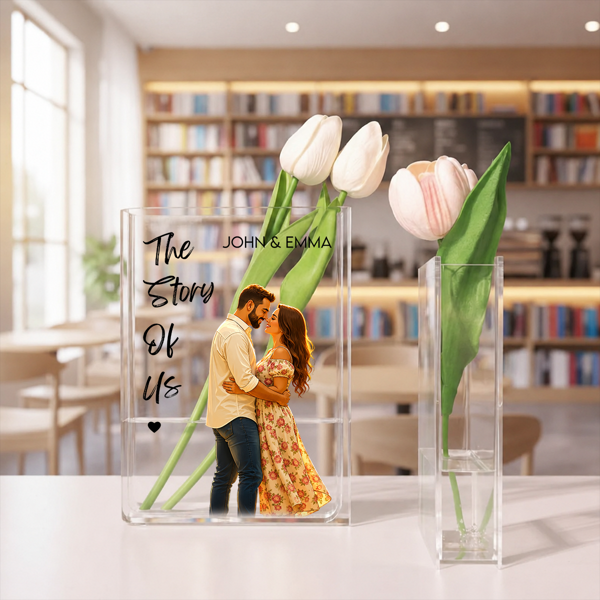 Anniversary Gifts - Custom Photo Couples Clear Acrylic Book Vase for Flowers, Transparent Flower Vase for Home Decor