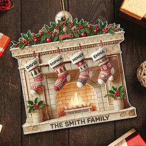 Christmas Retro Fireplace 3D Efect Family Christmas Stockings On Mantel Ornament, Christmas Gift For Family, Keepsake Ornament