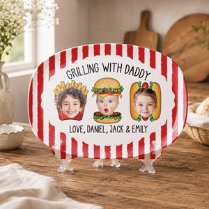 Custom Dad's Grilling Platter with Kids Faces: Father's Day Gift From Kids, Striped Grilling Plate for Kitchen Decoration, Funny Daddy Gift