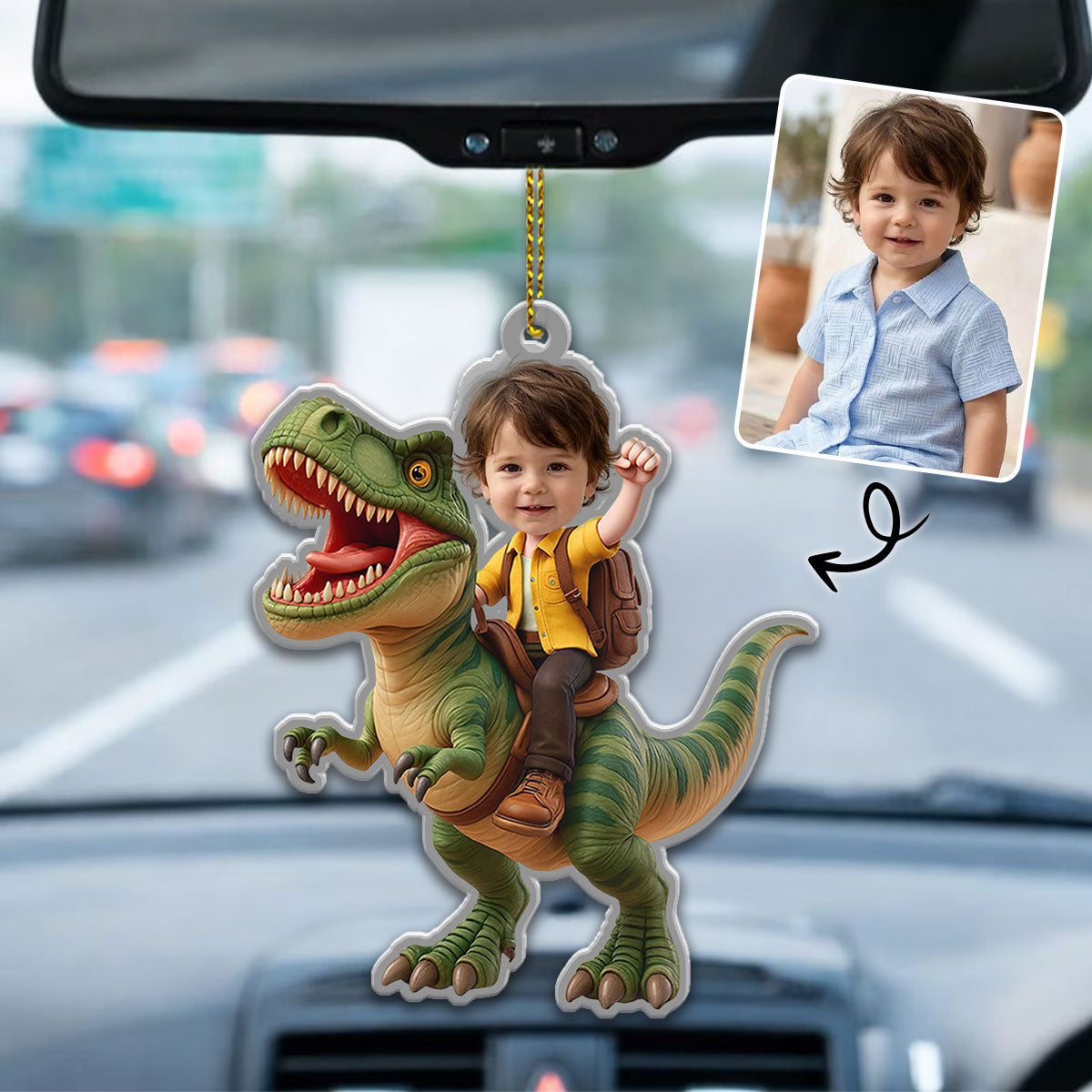 Custom Photo Kid Riding Dinosaur - Personalized Custom Shaped Acrylic Ornament