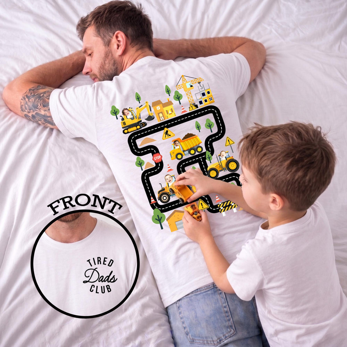 Personalized Tired Dad Club Construction Car Road Map Shirt, Custom Kids Face Dad Shirt, Gift For Dad From Son, Fathers Day Gift for Husband