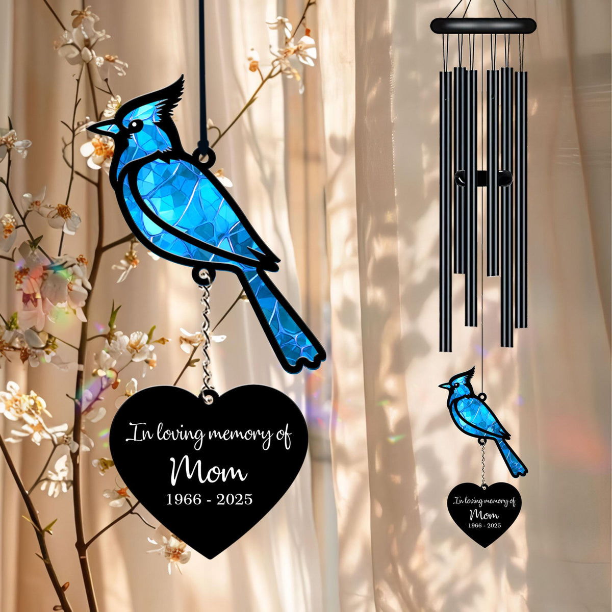 Personalized Memorial Wind Chime, Blue Jay Bird Wind Chime, Blue Bird Suncatcher Wind Chime, In Loving Memory, Sympathy Gift, Funeral Gift