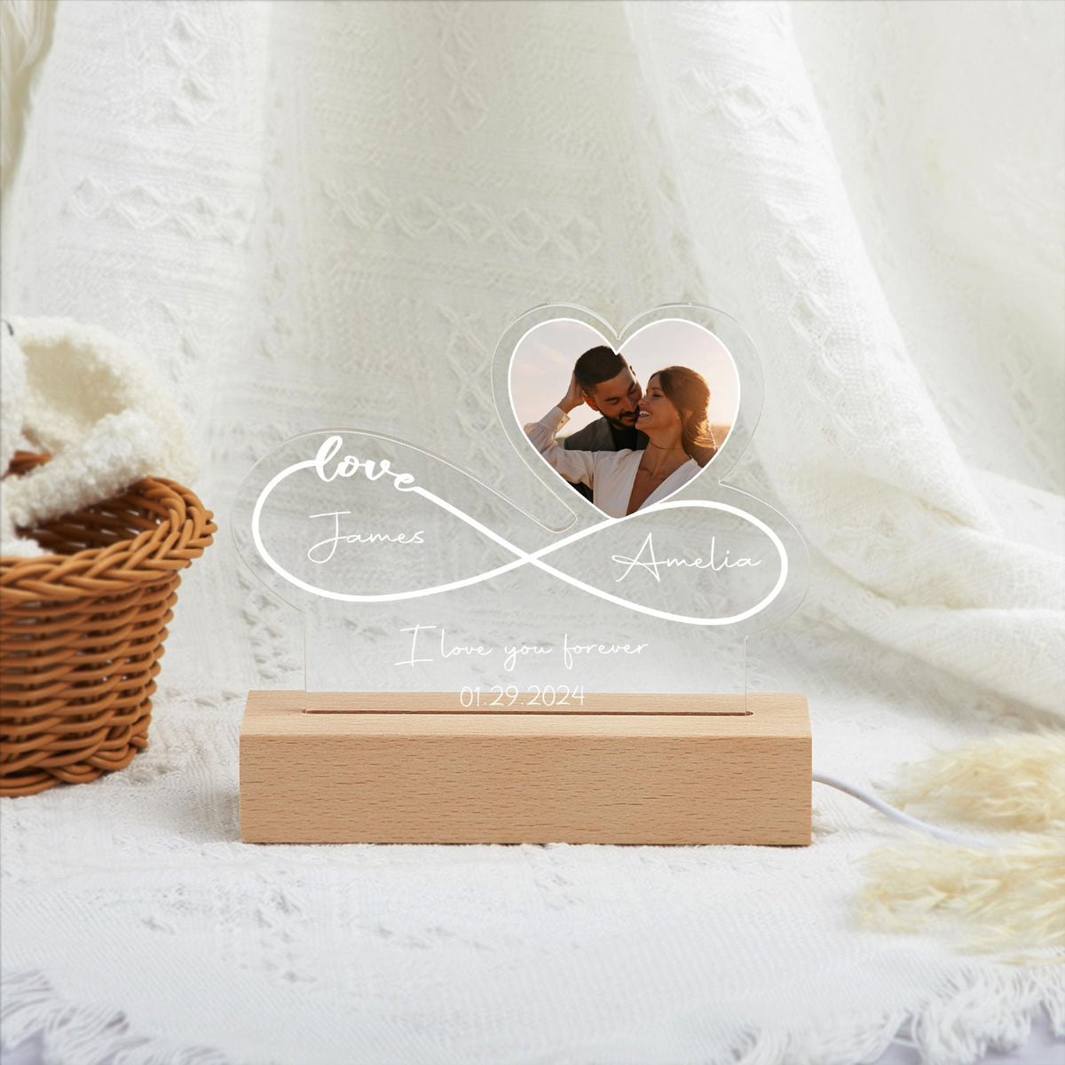 Infinity Love Custom Couple Photo Night Light Plaque, Bedroom Decor, Gift for Couple