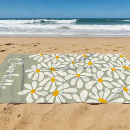Personalized Daisy Floral Beach Towel, Custom Name Pool Towel for Girls, Bithday Party Gift For Kids, Tropical Vacation Gift, Beach Lover's Gift