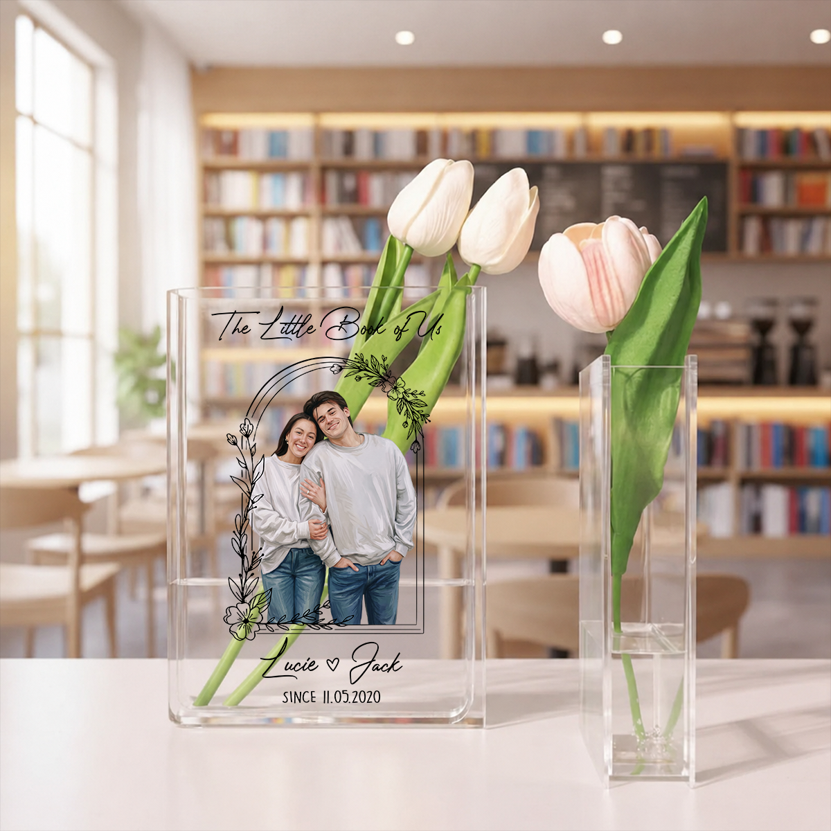 Anniversary Gifts - Custom Photo Couples Art - Personalized Journal Clear Acrylic Book Vase for Flowers, Transparent Flower Vase