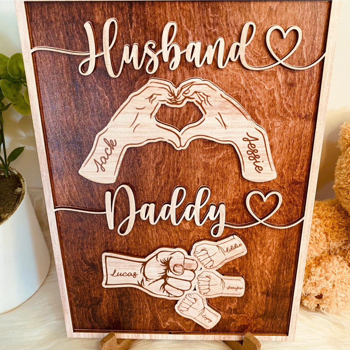 Personalized Dad Wooden Sign, Custom Kid's Name Wooden Sign, Fist Bump Husband Wood Sign, Father's Day 2025 Gift For Dad
