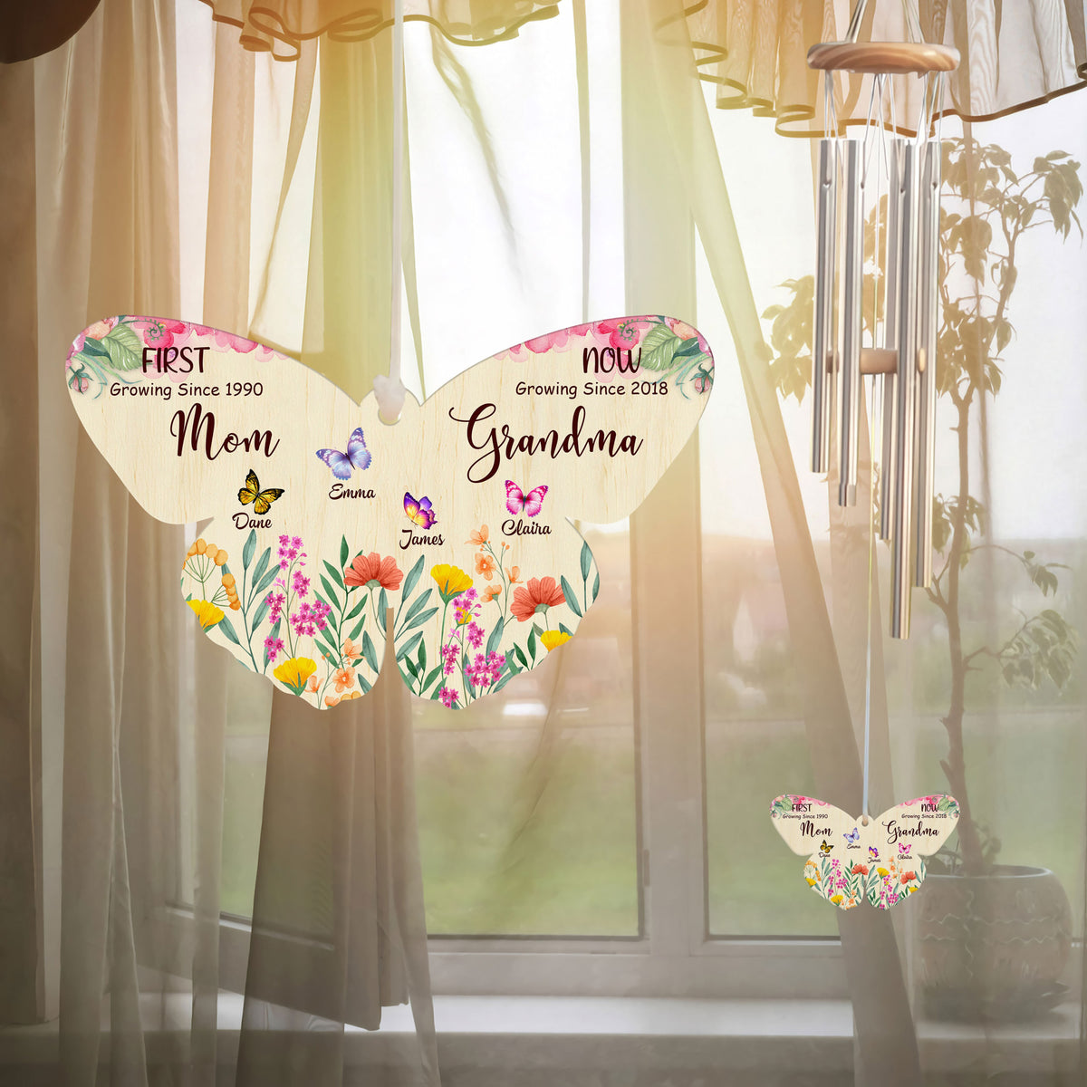 First Mom Now Grandma Butterfly Shape Pendant - Personalized Windchime - Gift For Grandma, Mother's Day, Birthday Gift