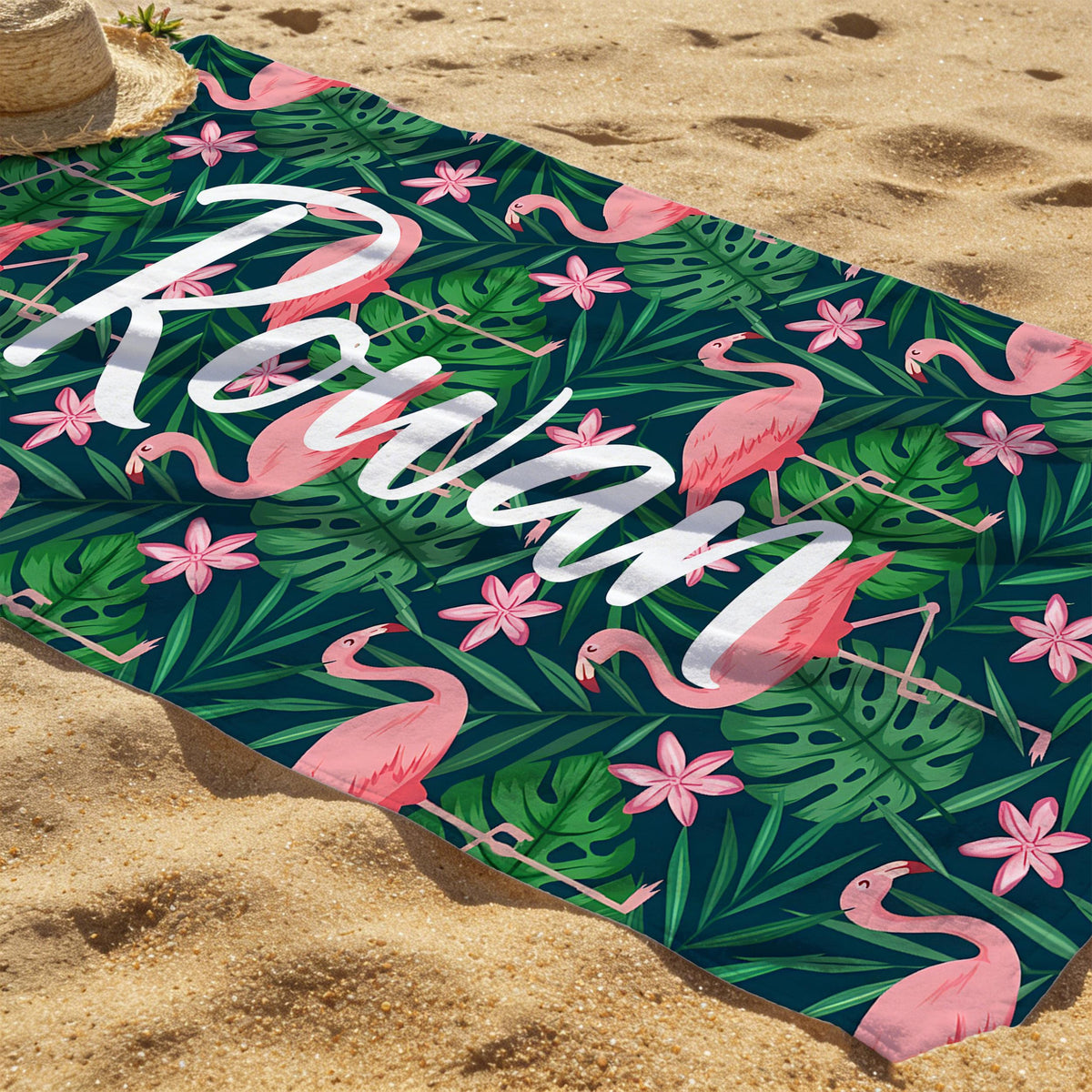 Custom Flamingo Tropic Summer Beach Towel, Flamingo Jungle Theme Gift, Custom Name Holiday Travel Bath Towel, Beach Lover's Gift, Gift for Girls