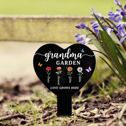 Personalized Grandma Garden Sign, Metal Flower Garden Stake with Grandkids' Names, Heart Shaped Yard Decor, Nana's Blessings