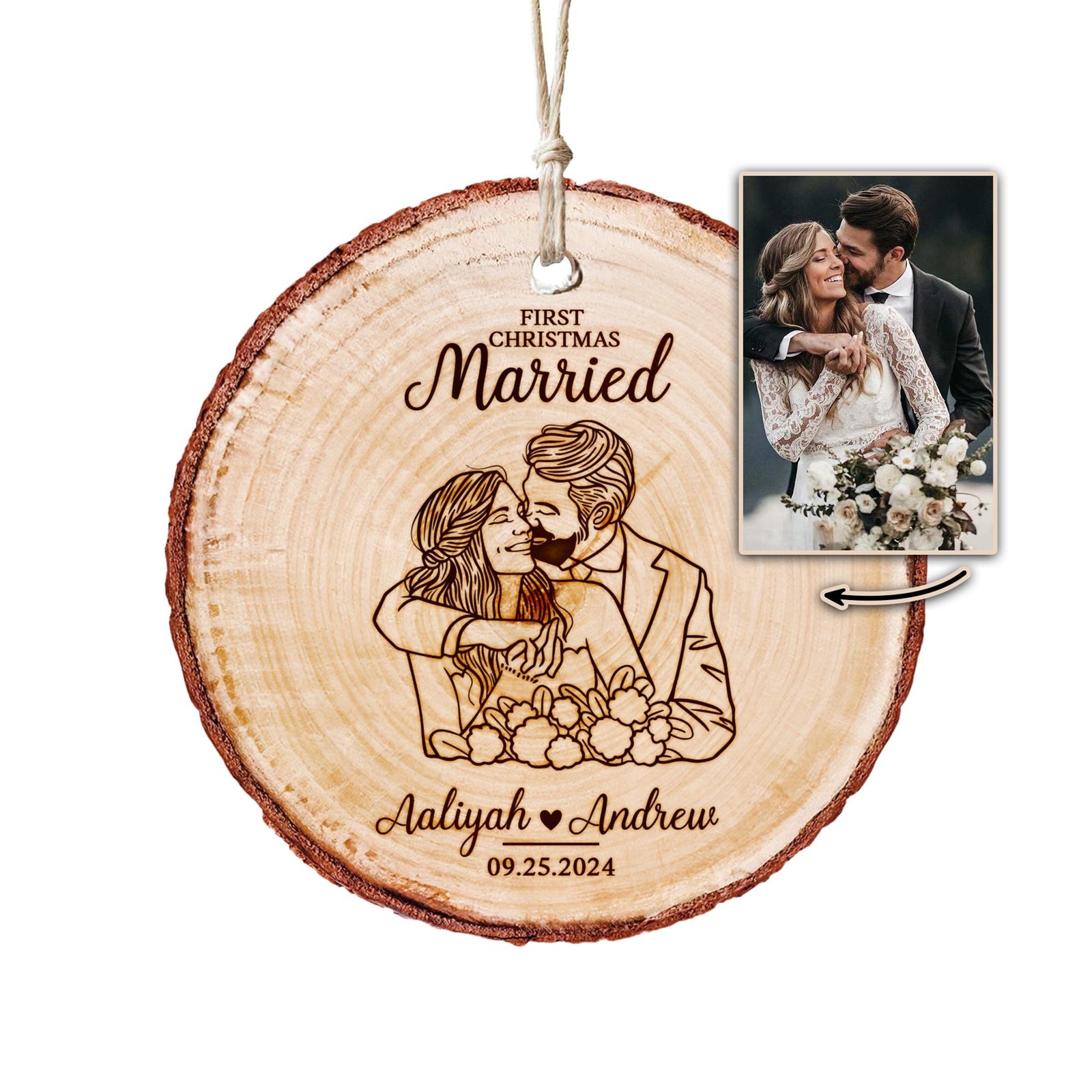 Custom Line Drawing Wedding Ornament, First Christmas Married Wooden Slice Ornament, Wedding Rustic Ornament Gifts for Couples