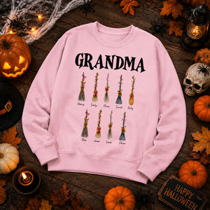 Grandma Witch Beautiful Broomsticks Custom Grandkids Names - Personalized Shirt - Halloween Gift For Grandma