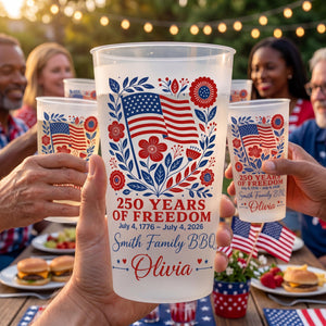 Personalized 4th of July Frosted Cup, 250 Years of Freedom Cup, Custom Family BBQ Party Cups, Independence Day 2026, Patriotic Plastic Cups