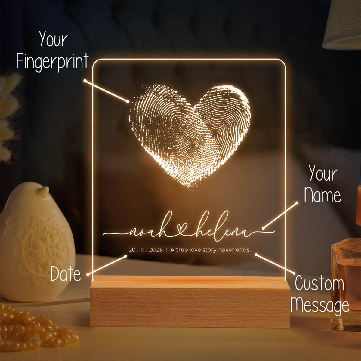 Custom Fingerprint Heart with Names, Personalized LED Light Wooden Base, Valentines Gift, Custom Lamp, Anniversary Gift