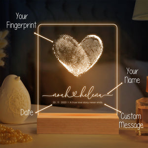 Custom Fingerprint Heart with Names, Personalized LED Light Wooden Base, Valentines Gift, Custom Lamp, Anniversary Gift