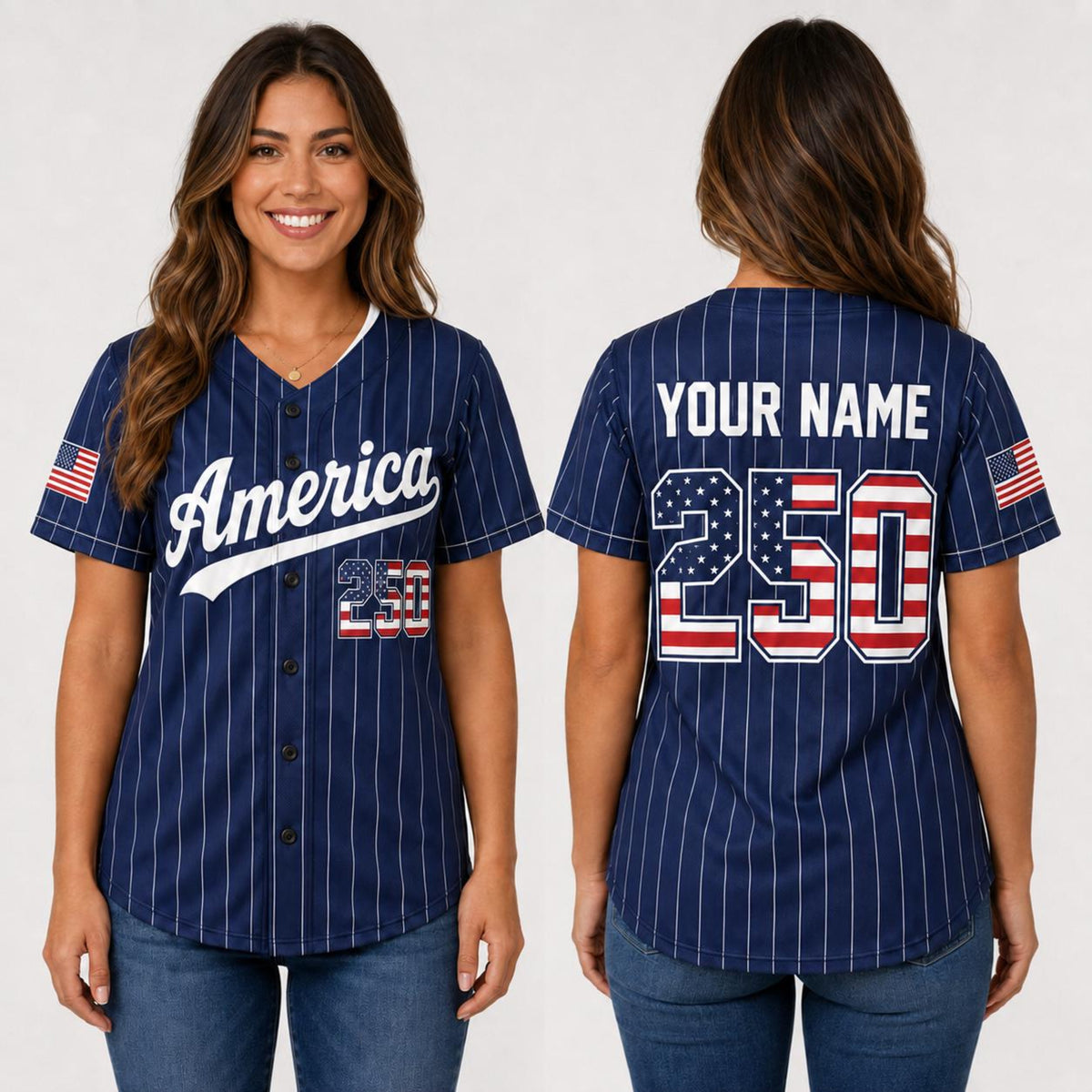 Personalized America 250 Baseball Jersey, Custom Name Number USA Flag Jersey, Patriotic Pinstripe Baseball Shirt, 4th of July Gift