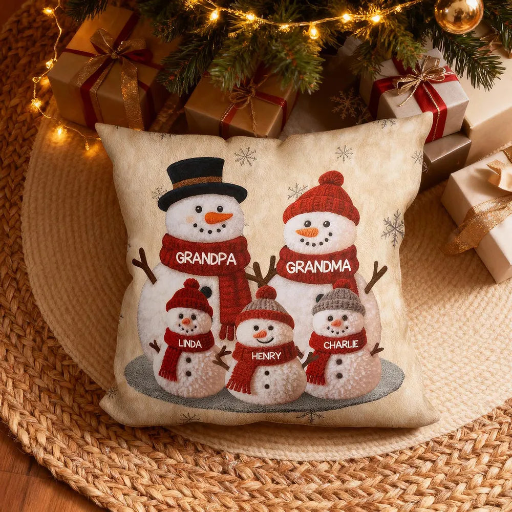 3D Effect Fleece Texture Christmas Grandma Grandkids Snowman Together - Personalized Pillow - Heartwarming Gift For Grandparents