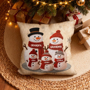 3D Effect Fleece Texture Christmas Grandma Grandkids Snowman Together - Personalized Pillow - Heartwarming Gift For Grandparents