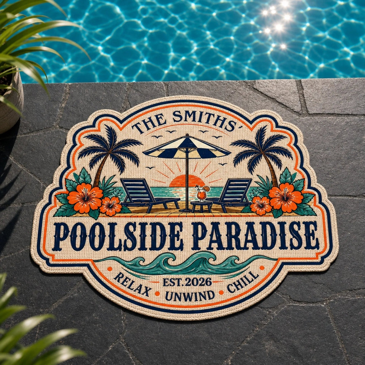 Custom Poolside Shaped Doormat - Personalized Summer Vacation And Travel Gifts For Mom, Dad, Brother, Sister, Kids