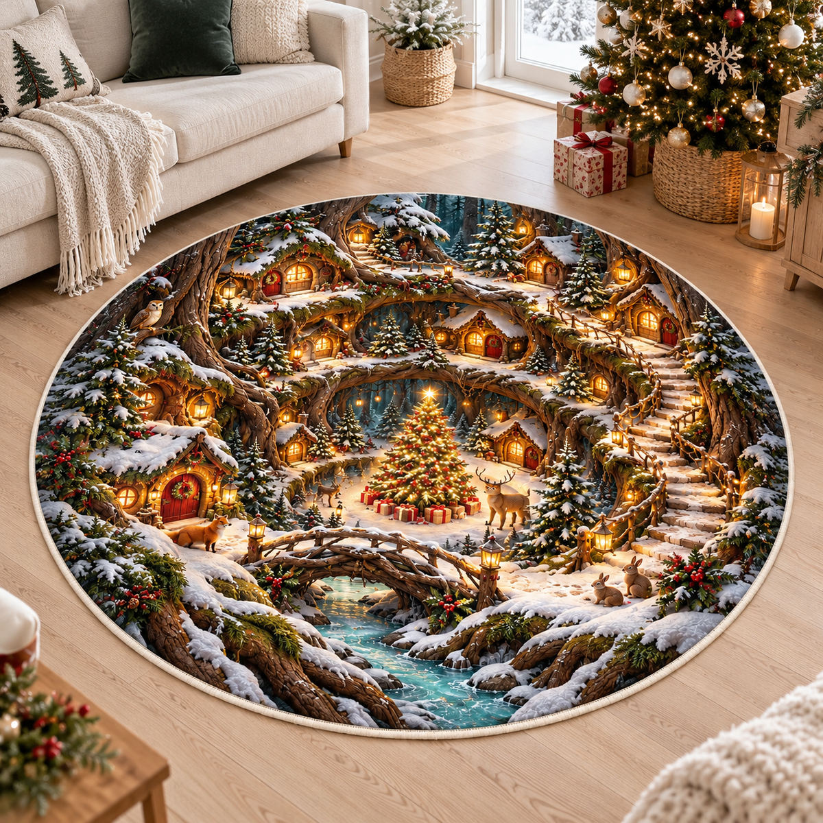 Christmas Cathedral Village 3D Illusion Round Rug, Snowy Church Square Floor Mat, Winter Wonderland Area Carpet, Festive Holiday Home Decor 6a8762b1-6882-481a-aaf9-1e8af9a48c9f-Enchanted-Christmas-Village-Rug-3.png