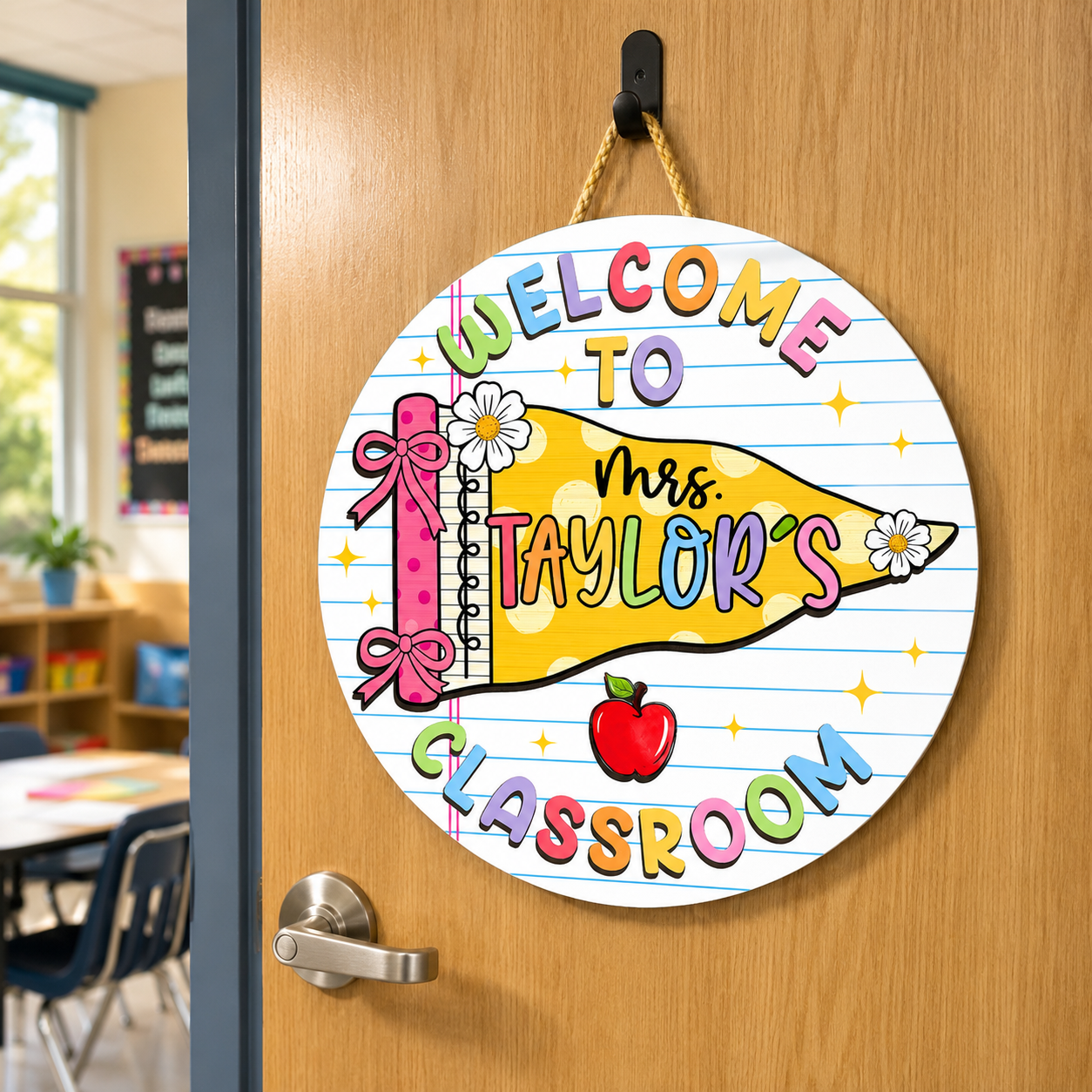 Personalized Teacher Door Hanger, Custom Teacher Name Sign, Pennant Flag Classroom Door Sign, Classroom Decor, Teacher Gift, Back To School 6ad70ab6-6bc8-440e-ad1c-ccf590e2ba7a-1.png