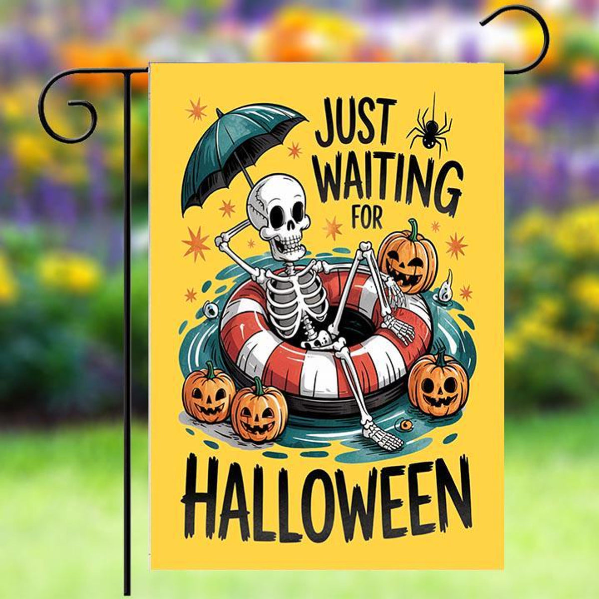 Just Waiting For Halloween Garden Flag, Summerween Skeleton Flag, Spooky Summer Decor, Halloween Pool Float Flag, Funny Halloween Flag 6b8d9184-bef3-46b6-aa98-26119bb4d941-4.jpg