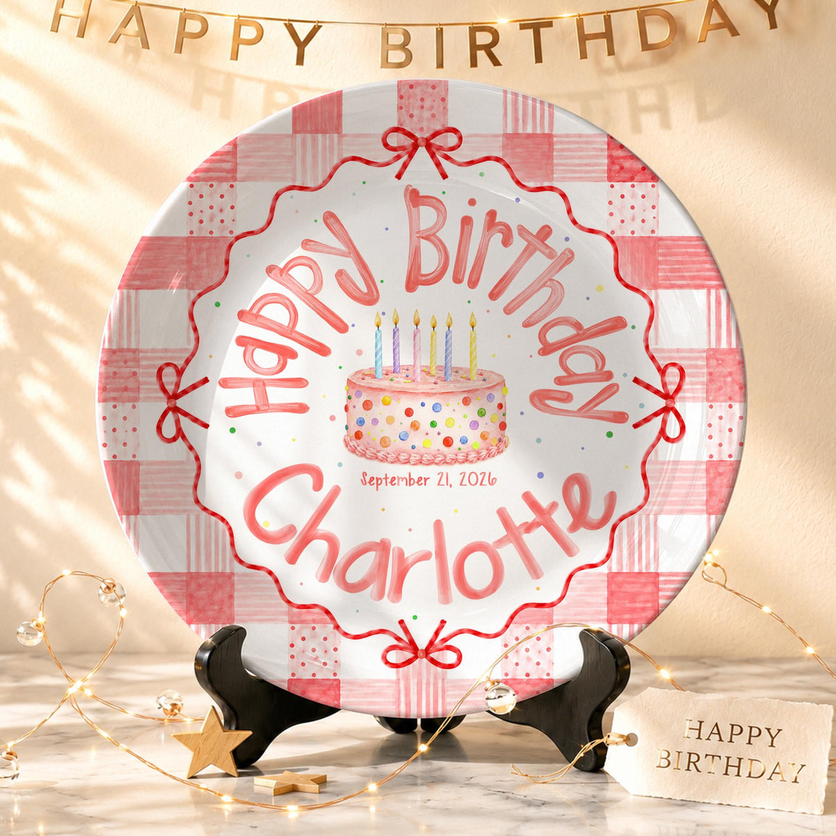 Personalized Pink Gingham Birthday Plate, Custom Name Date Girl Birthday Keepsake, Pink Bow Ceramic Party Decor 6bf530cb-b789-45f1-ac62-d597eac221b1-2.jpg