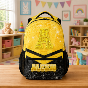 Backpack for Girls Boys Kindergarten, Personalized Cheerleader Schoolbag for Kids Preschool Primary, Lightweight Black Glitter Custom Initial Name Cheer Bookbag for School Travel Hiking