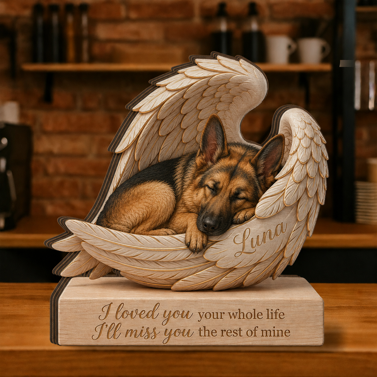 Personalized Wood German Shephed Memorial Block: Custom Angel Wing Dog Portrait Stand, Pet Sympathy Gift
