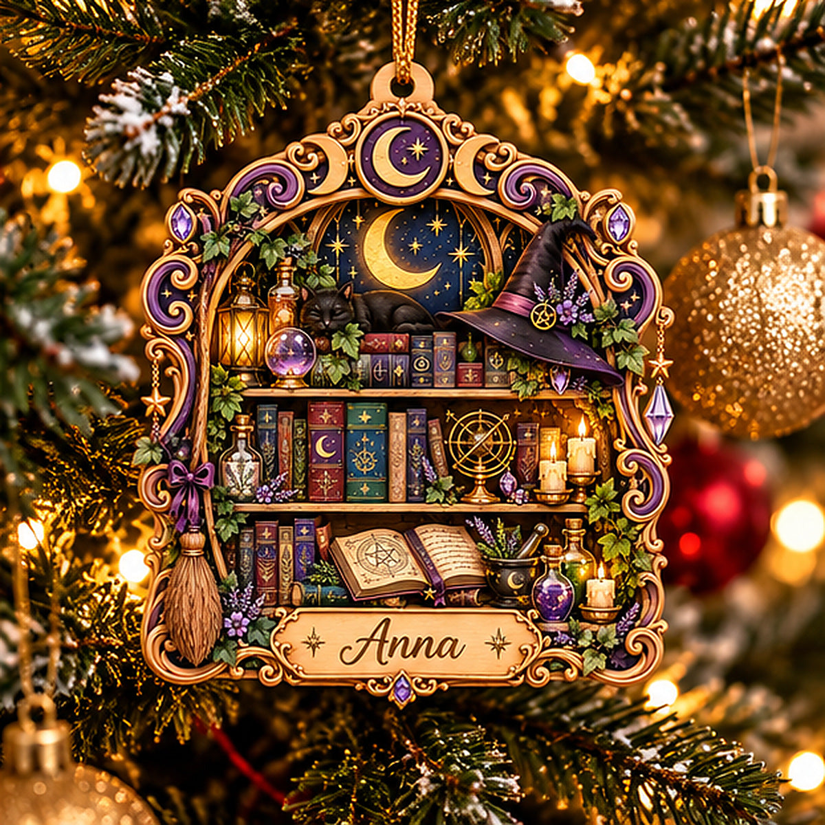 Personalized Witch's Spellbook Library Layered Wood Christmas Ornament, Custom Name Witchy Bookshelf Ornament, Magical Gift for Book Lovers 6cd5db29-aef9-4001-a6dc-a80272ff25b7-anna_witch_library_04_christmas_tree_1200.jpg