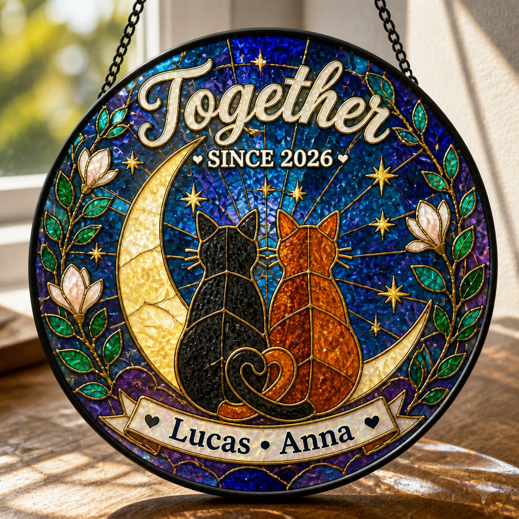 Together Since Cats Stained-Glass Suncatcher — Personalized Names & Year - Personalized Suncatcher Stained Glass 6d205c22-0203-4a76-b44a-d8b3504738d5.jpg