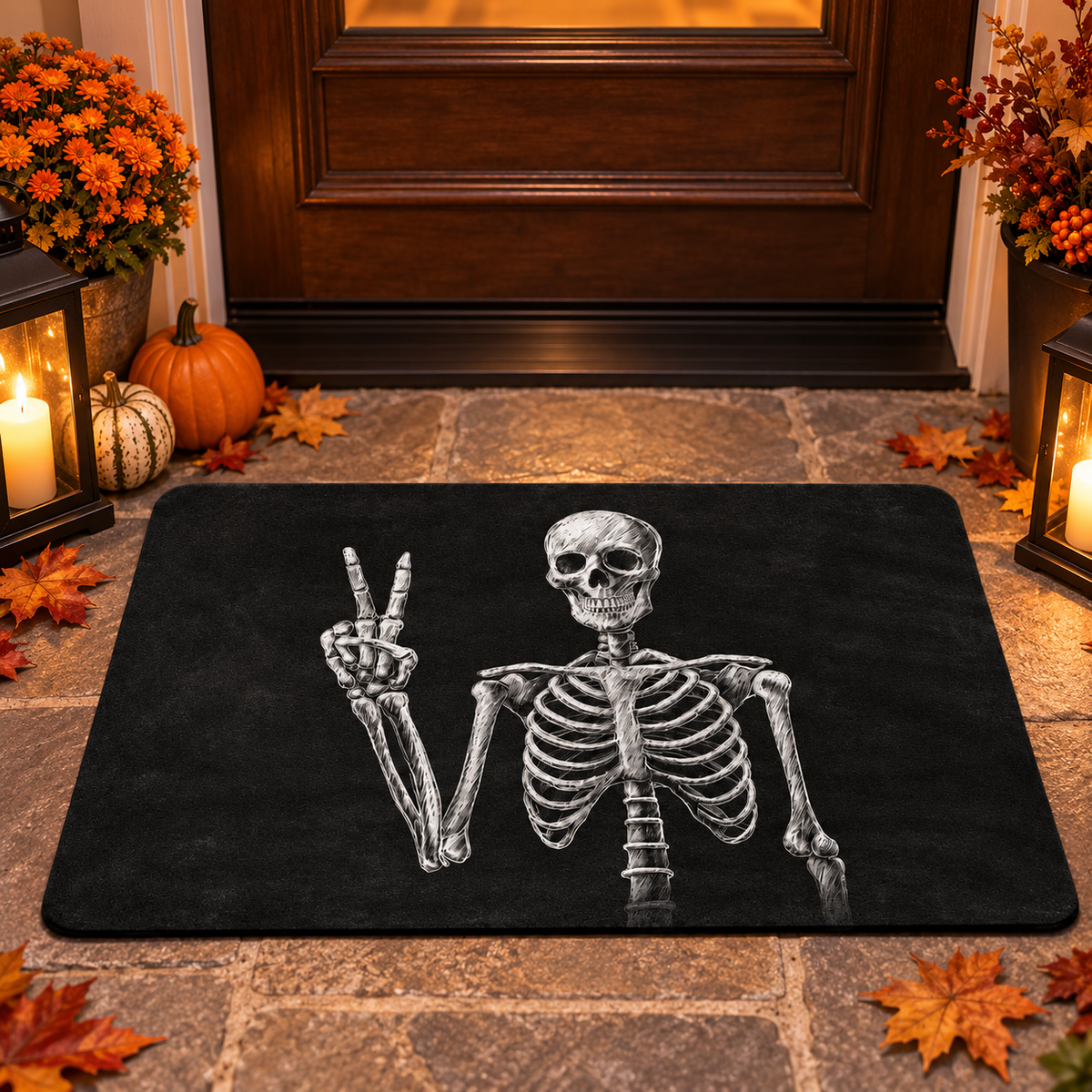 Peace Sign Skeleton Halloween Bath Mat, Spooky Gothic Black Floor Rug, Unique Gift For Family 6d2c9679-2334-4a68-b346-74e77e7c477d-23.png