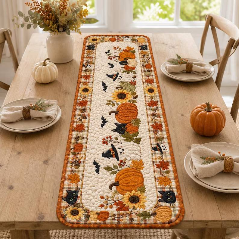 Quilted Halloween Table Runner, Ghost Pumpkin Fall Home Decor, Housewarming Gift for Black Cat Lover 6d5dfff4-13f5-4d87-876d-2af709a4494e-tyh-2-.jpg