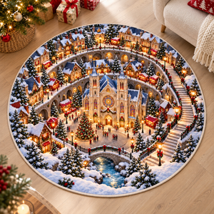 Christmas Cathedral Village 3D Illusion Round Rug, Snowy Church Square Floor Mat, Winter Wonderland Area Carpet, Festive Holiday Home Decor 6de78724-e499-499d-bdba-d2d27494ff88-Scandinavian-Gothic-Christmas-Illusion-Rug-2.png