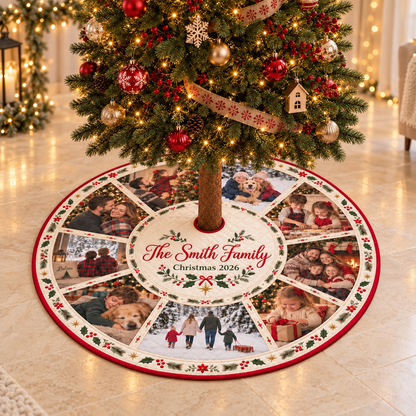 Personalized Photo Quilted Christmas Tree Skirt: Custom Family Name, Picture Collage Decor, Family Gift 6e295ab7-a770-4b76-9531-0957414fd7f7-Family-photo-Christmas-tree-skirt-display.png