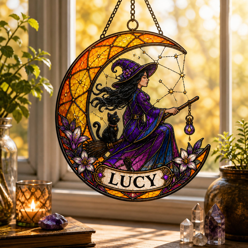 Personalized Witch & Cat Stained-Glass Suncatcher - Crescent Moon Name Plaque - Personalized Suncatcher Stained Glass 6ec97599-4c13-4f06-a32a-4829f5bee0ac.jpg