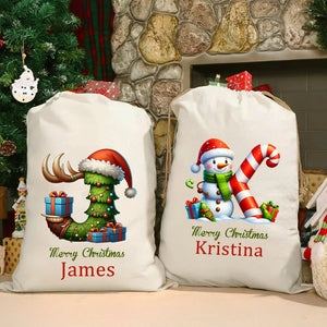 Personalised Christmas Tree Snowman Elf Igloo Drawstring Canvas Gift Bag with Name Initial Christmas Party Favors Gift for Kids Family